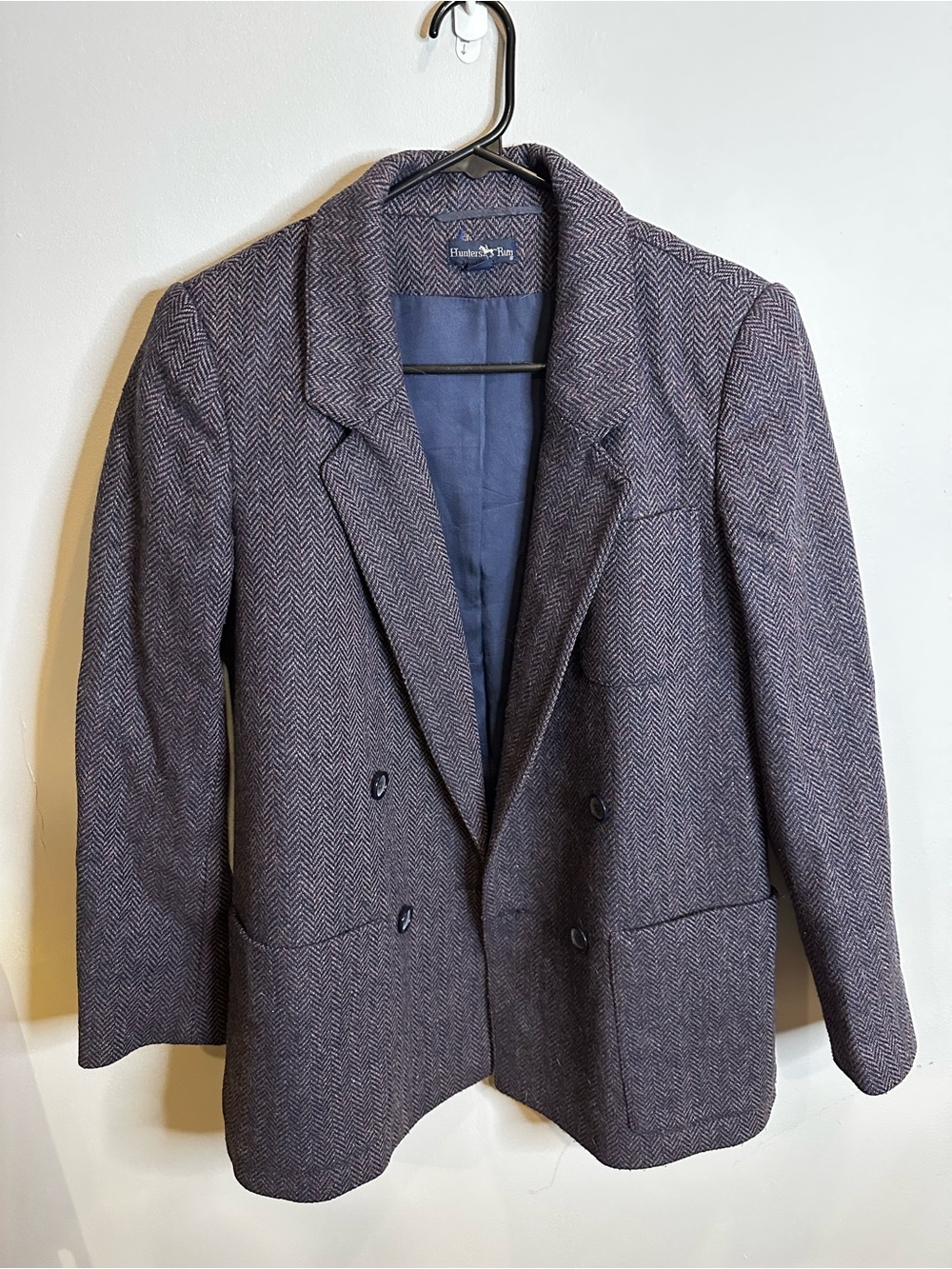 Tweed Herringbone Wool Blazer in Deep Gray-Blue